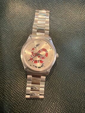 Gucci Silver Tone Watch with Red & Black Snake Dial